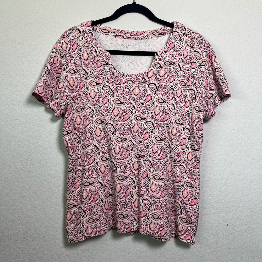 Kim Rogers Paisley Top Large Pink‎ Womens Boho Cottagecore Short Sleeve Cotton